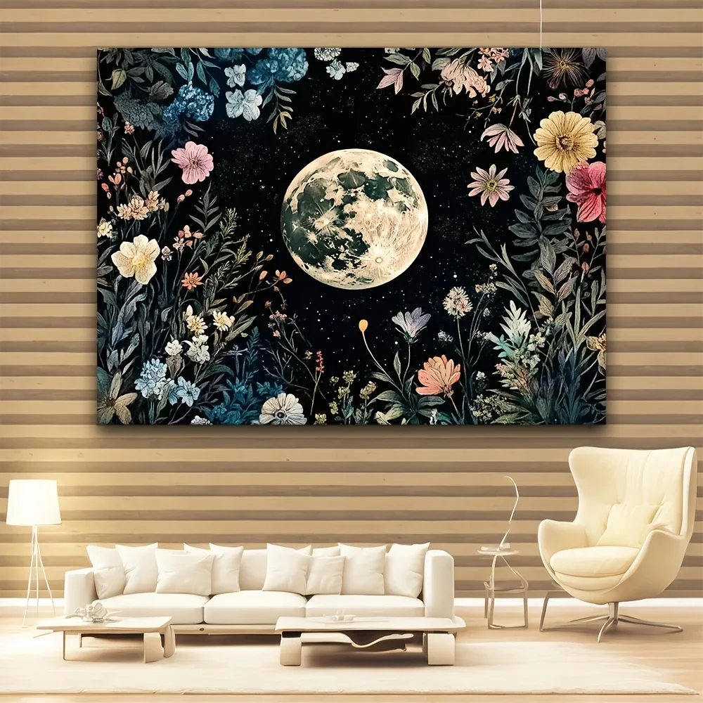 Boho Chic Moonlit Garden Tapestry - Vibrant Floral Wall Hanging with Black Background, Polyester