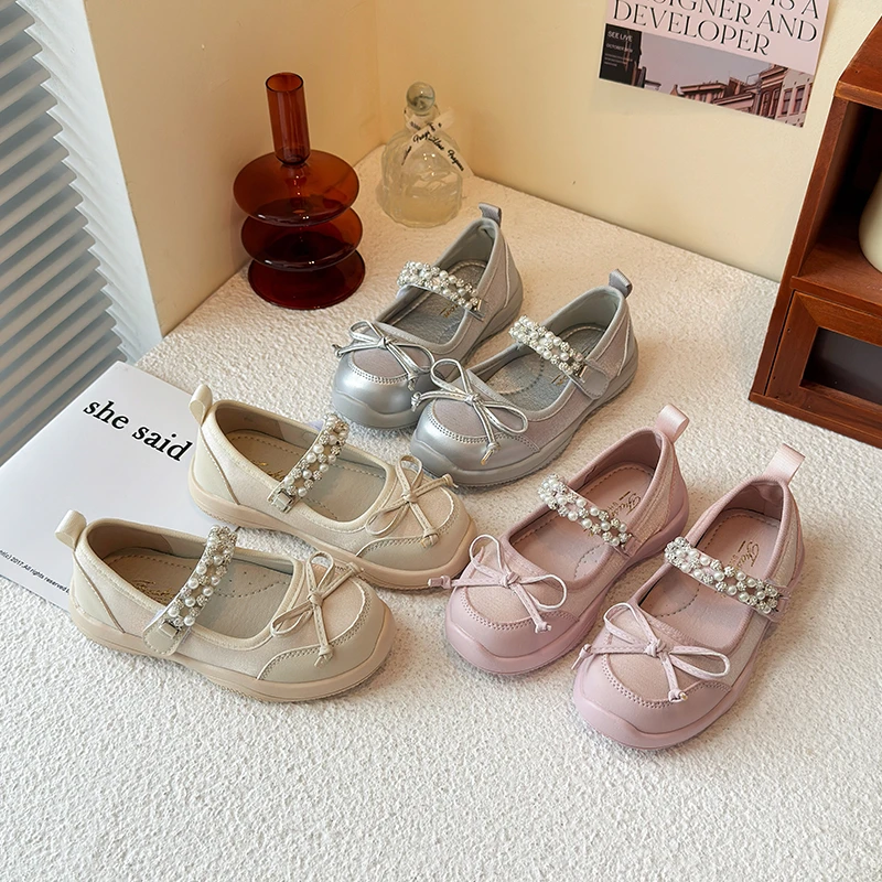 

Kids'Casual Shoes Low-Cut PU Leather Pearl Piped Trim Summer Shoes For Girls Hook and Loop Silver Beige Shoes Size 23-36