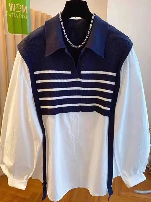 

plus Size Casual Slimming Shirt Women's Spring Autumn Loose Patchwork Layering Fashionable Long Sleeve Neck Polyester