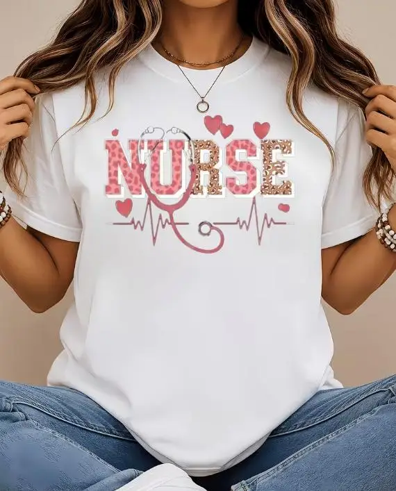 Plus Size Women Nurse Graphic T Shirt Leopard Print NURSE Letter Stethoscope Heartbeat Heart Print Round Neck Short Sleeve Casual Nursing Gift Tee