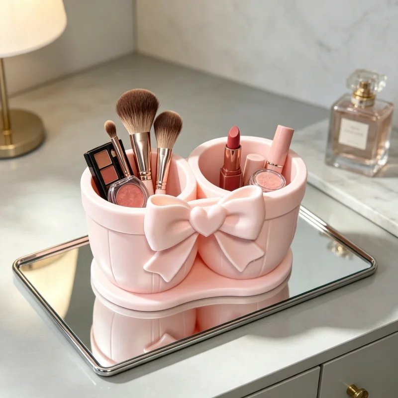 Girly Style Heart-Shaped Bow Double-Compartment Cosmetic Storage Box, Light Pink Double-Tube Design Makeup Brush Storage Holder, Integrated Non-Slip Base, Large Capacity Partitioned Storage, Durable and Easy-To-Clean Lightweight Plastic Material with Rounded Corners That Won'T Hurt Hands, Storage for Makeup Brushes, Lipsticks, Cotton Swabs, Hair Clips, Pens, and Small Accessories, Storage and Decoration Piece for Dressing Table, Bathroom, Office Desk, Bedroom Desktop, Popular Gift for Girls on Holidays and Housewarming, Trendy Beauty Corner Room Decoration and Arrangement Items