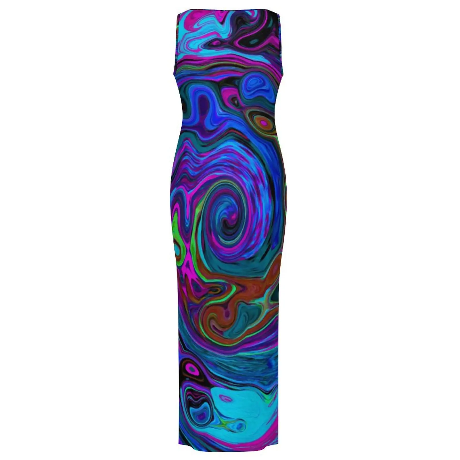 Grooviges Hippie-Druckkleid, ärmellos, blau und lila, flüssige Mode, Maxikleider, Vintage, figurbetontes Kleid, Damen, Übergröße, Vestidos
