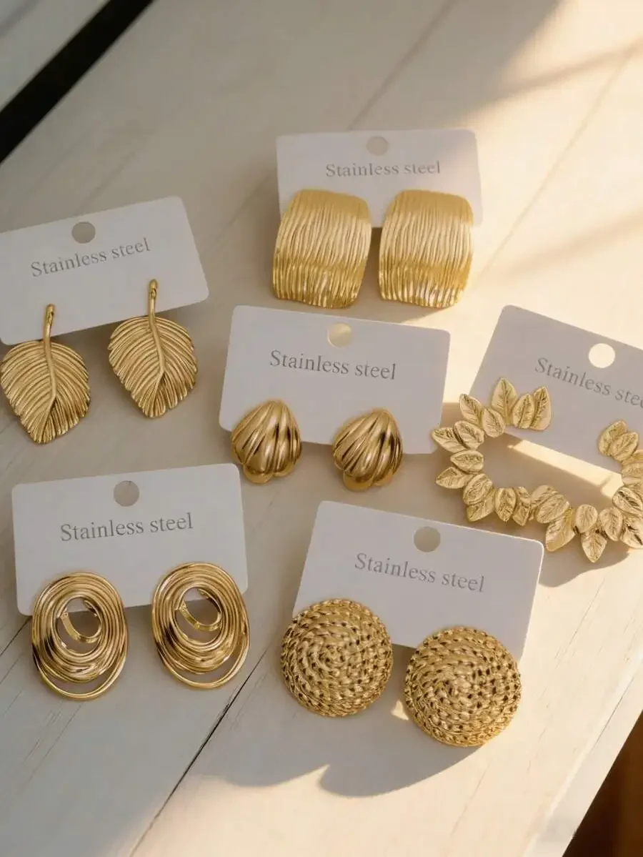 

2/4 Pairs Stainless Steel Fashion Geometric Leaf Shell Spiral Earrings For Women