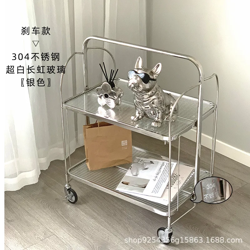 304 stainless steel medieval small cart folding storage shelf ins mobile side table living room Changhong glass coffee table