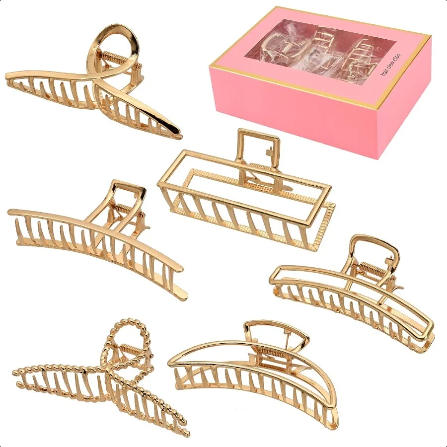 

6 Pack Large Metal Hair Claw Clips 4 Inch Big gold hair clipsPerfect Jaw hair clamps for Women and Thinner Thick hair styling S