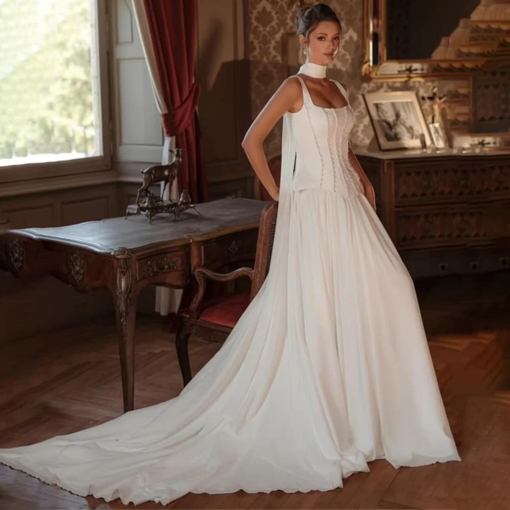 

Customized Spaghetti Strap Wedding Gown Charming Square Neck Wedding Dress Exquisite Floor Length Bridal Dress Vestidos De Noiva