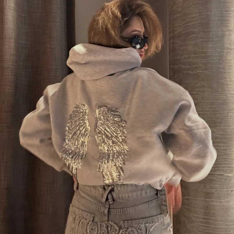 Y2K Engelsflügel Hoodies Glänzende Flügel Pailletten Sweatshirt Mode Vielseitig Casual Neue Trendy Streetwear Unisex Übergroße Kleidung