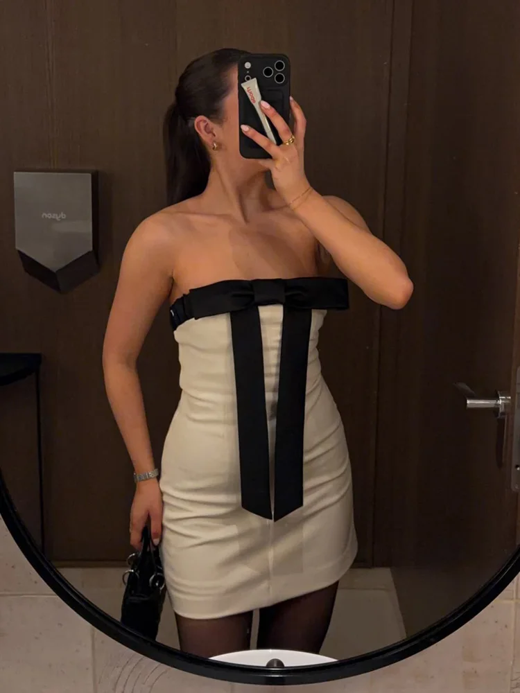 

HH Woman Summer Sweet Fashion Versatile Princess Style Bow Decoration Zipper Dress Female New Cute Short Party Tube Top Dress