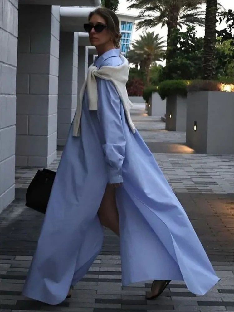 

Loose Casual Shirt Long Dress For Women Fashion Single Breasted Lapel Slit Dress 2026 Summer New Long Sleeve Dress