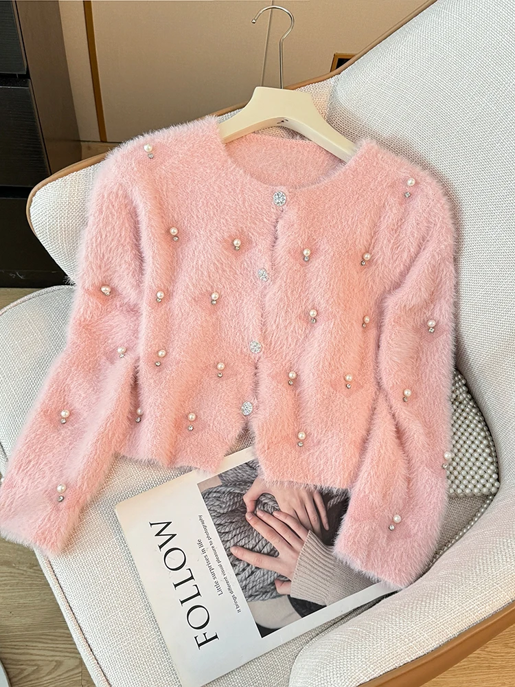 Beading O-Neck Plush Long Sleeved Sweater  Women\'s Autumn Loose Soft Glutinous Knit Cardigan Elegant Single Breasted Short Top