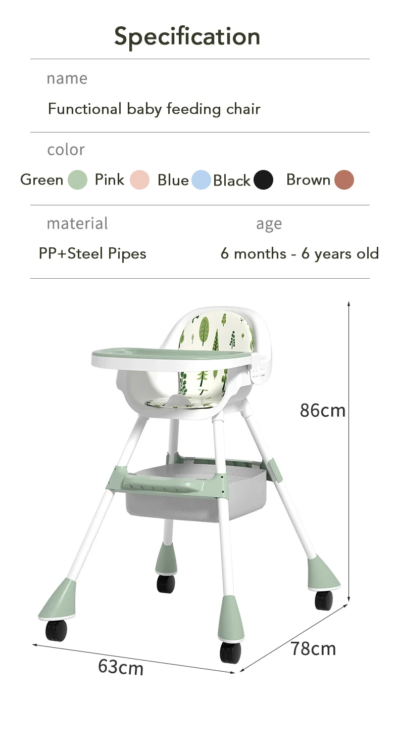 Foldable adjustable convertible easy clean infant baby ergonomic chair with foot rest kids high chair for feeding