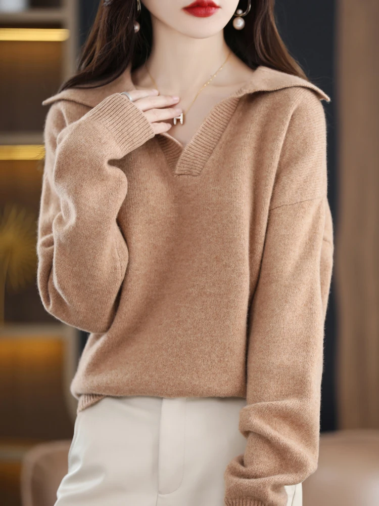 ADDONEE Women Turn Down Collar Pullover Autumn Winter Cashmere Sweater Casual Loose Style Clothing 100% Merino Wool Knitwear Top