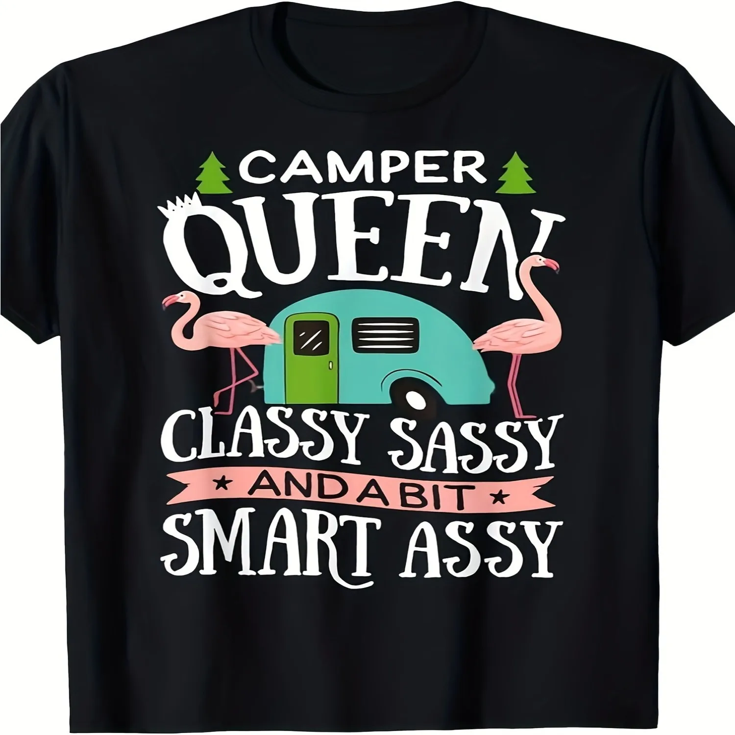 220g 100 Round Neck Short Sleeve T-shirt with Heat Transfer Printing Camper Queen Classy Sassy Smart Funny Men Camping RV T-Shirt Halloween Thanksgiving Christmas Gift for Men Women Family Friend Graphic Tee, Vintage Style Tee,