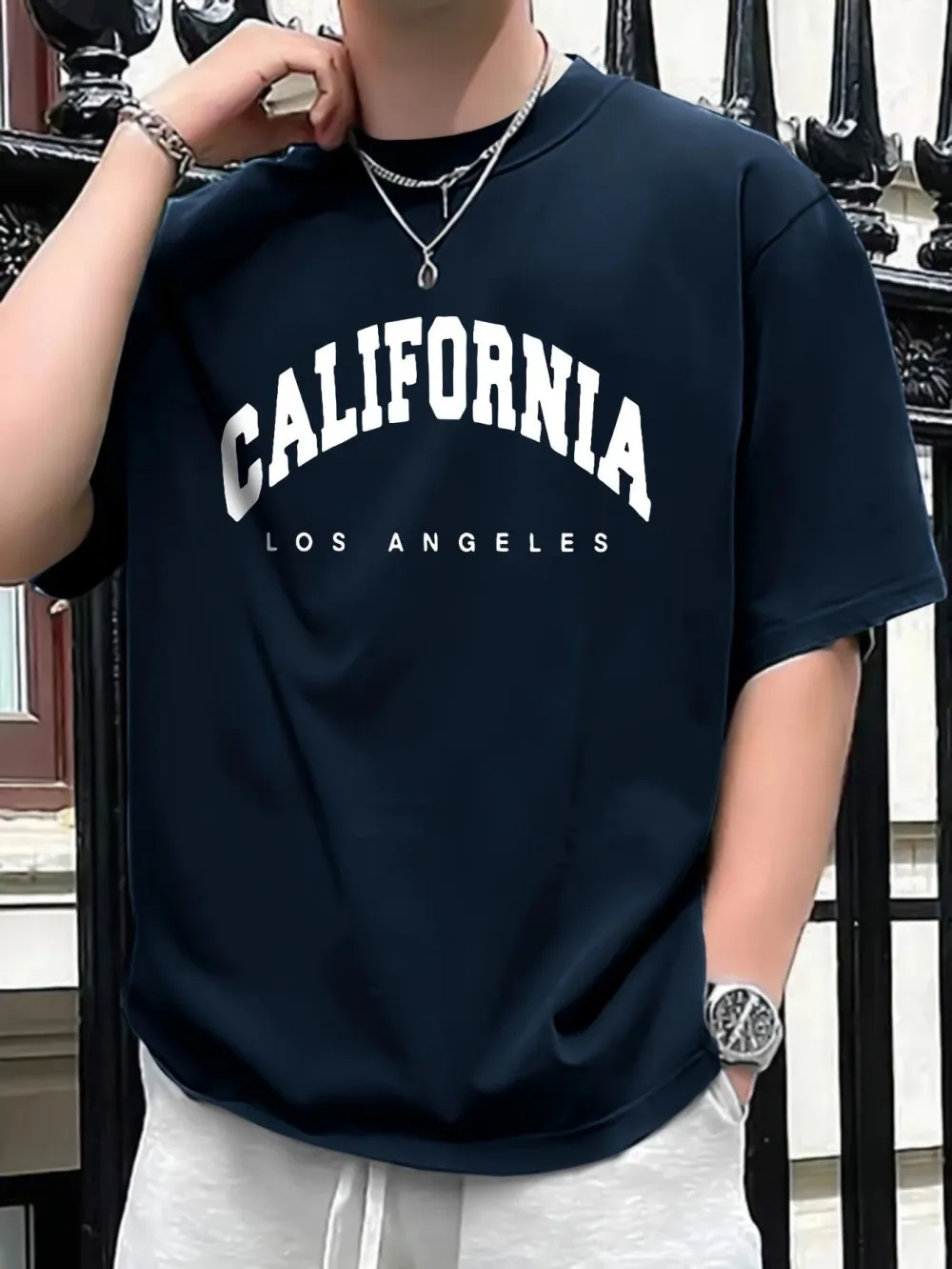 European and American Men's Summer Retro Los Angeles Letter Print Comfortable and Breathable Round Neck T-Shirt Outdoor Casual T