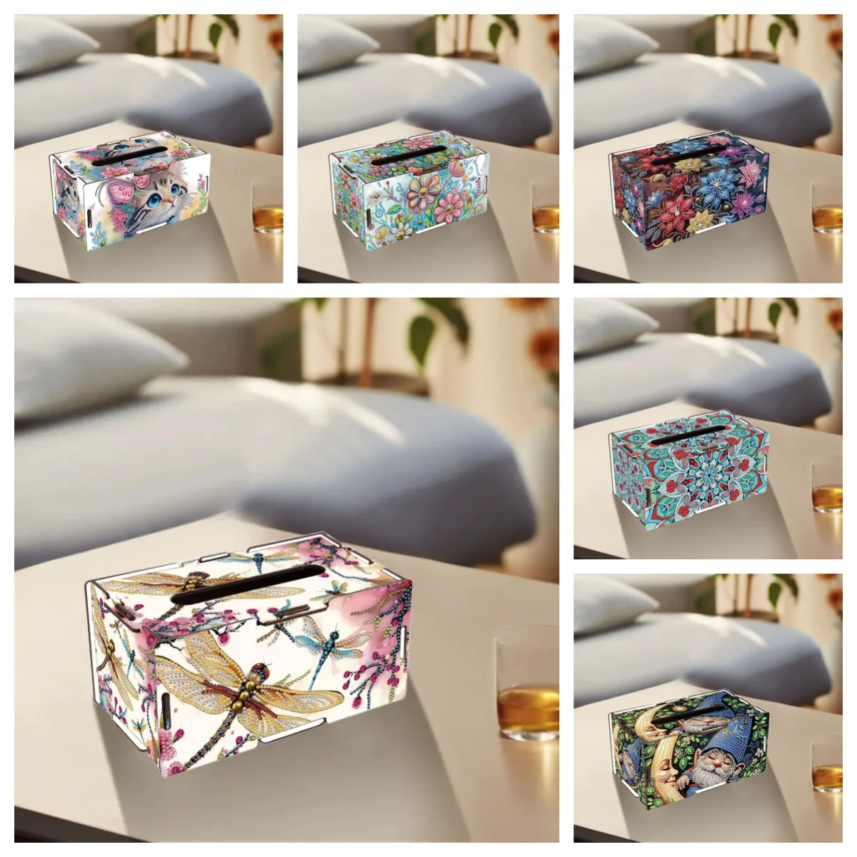 1 DIY Handcrafted Wooden Floral/Animal Pattern Diamond Painting Tissue Box and Tissue Box, Naturally Inspired Inlaid Art Piece view 3