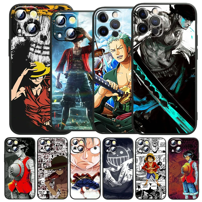 Japanese Anime One Piece For Apple iPhone 15 14 13 12 Pro Max Mini 11 Pro XS Max X XR 6 7 8 Plus SE 2020 Black Soft Phone Case