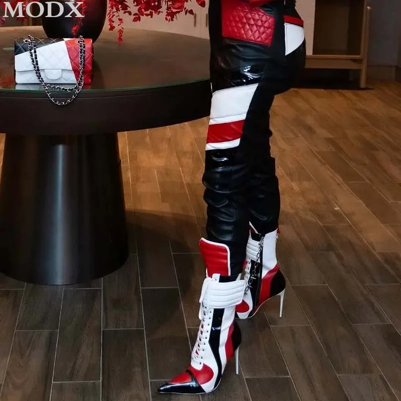 Patchwork Motocross Protective Boots Fashion Mixed Color Sexy Buckle Lace Up Zipper Mid Calf Boots Women Vintage Trend Shoes