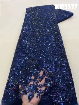 Tela de encaje con cuentas blancas nigerianas, última tela de encaje de alta calidad 2024, encaje bordado de lentejuelas, malla francesa para coser KB3537