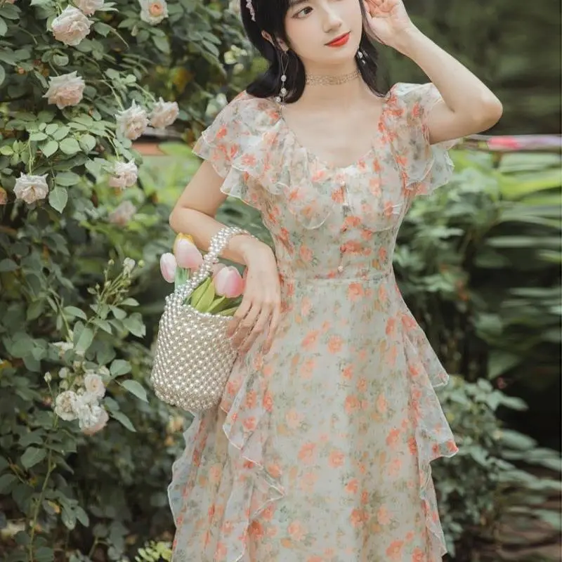 

Retro Floral Chiffon Dress with Long Summer Waist-hugging and Slimming One-shoulder Long Skirt