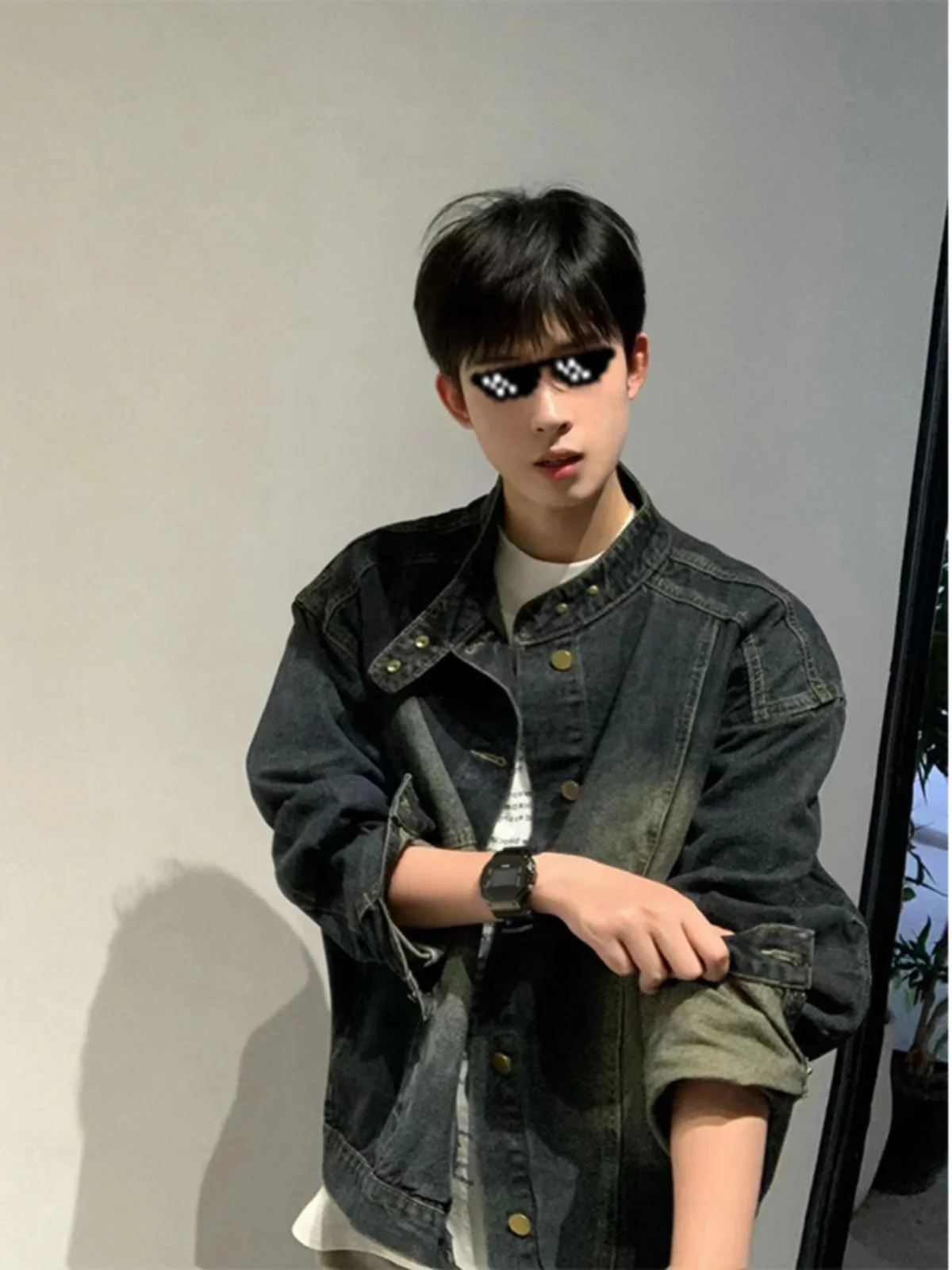 

Washed Vintage Blue Denim Jacket Men's Spring Autumn American High Street Stand Collar Jeans High End Feeling Cool Workwear J...