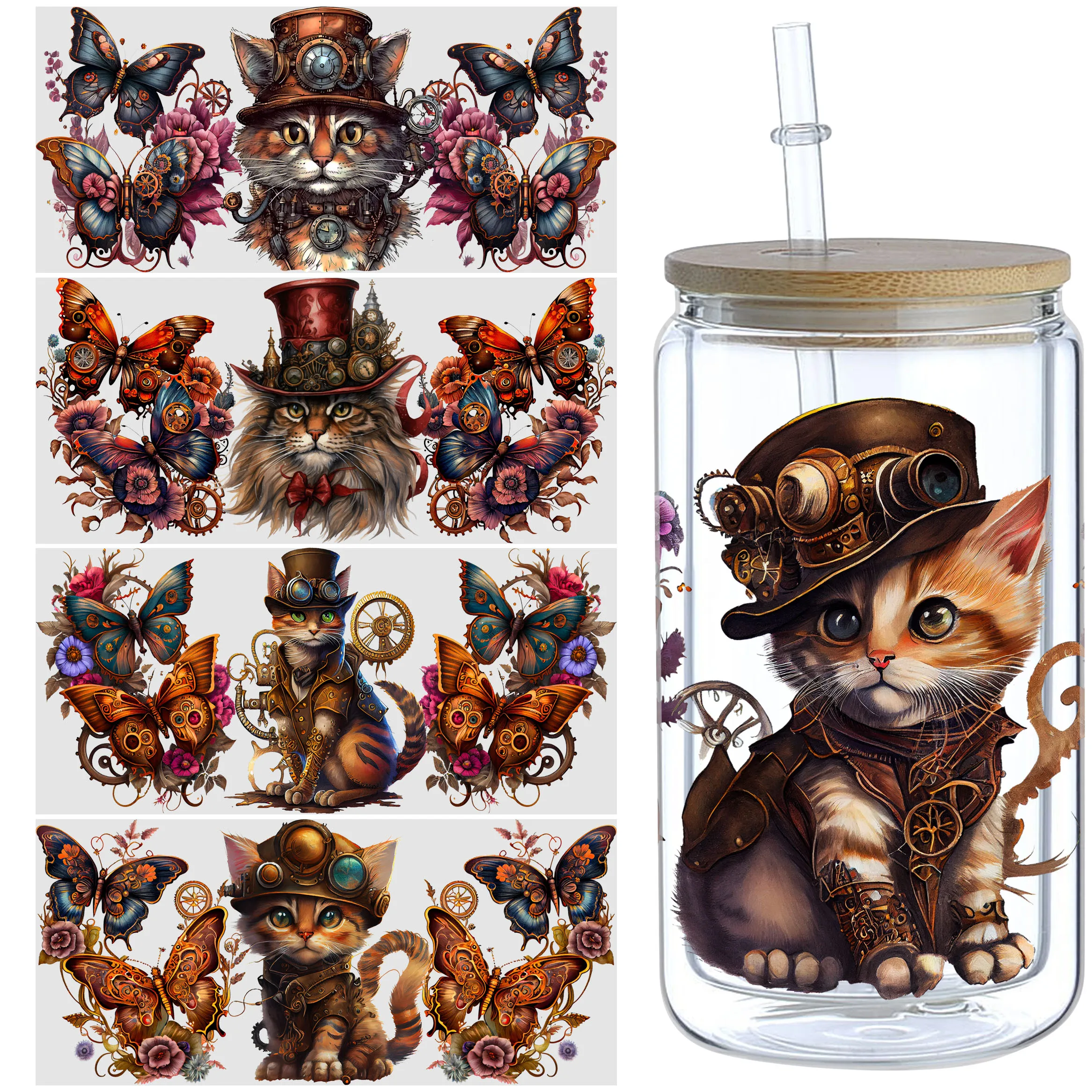 5 Sheets Steampunk Cat UV DTF Cup Wrap,Sport DTF Transfer Stickers for Glass Cup,Waterproof funny Steampunk Alien Rub on