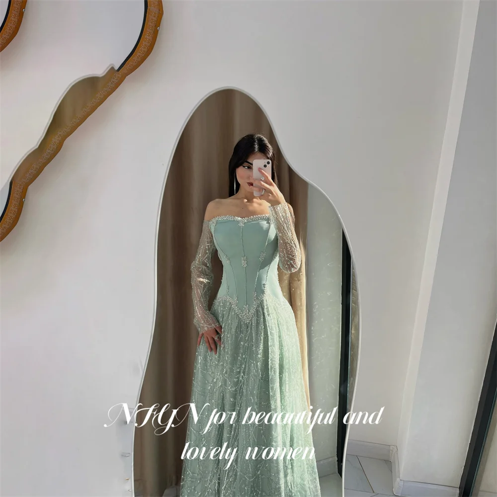 NFYN Teal Party Dress Off the Shoulder Long Sleeve Evening Dress Beading On Chest A Line Prom Gown Unique فساتين سهره Customized