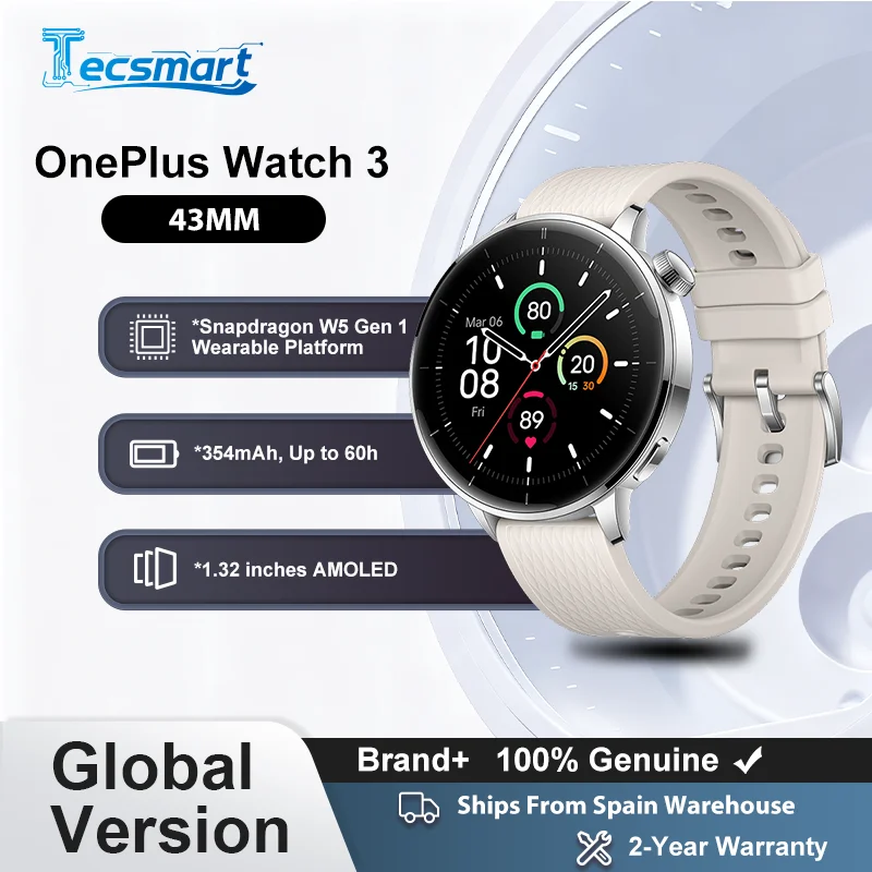 Smartwatch – OnePlus Watch 3 43 mm, Smartwatch 1,32 Zoll AMOLED-Display, bis zu 60 Stunden Akkulaufzeit, Trage-Betriebssystem von Google GPS NFC