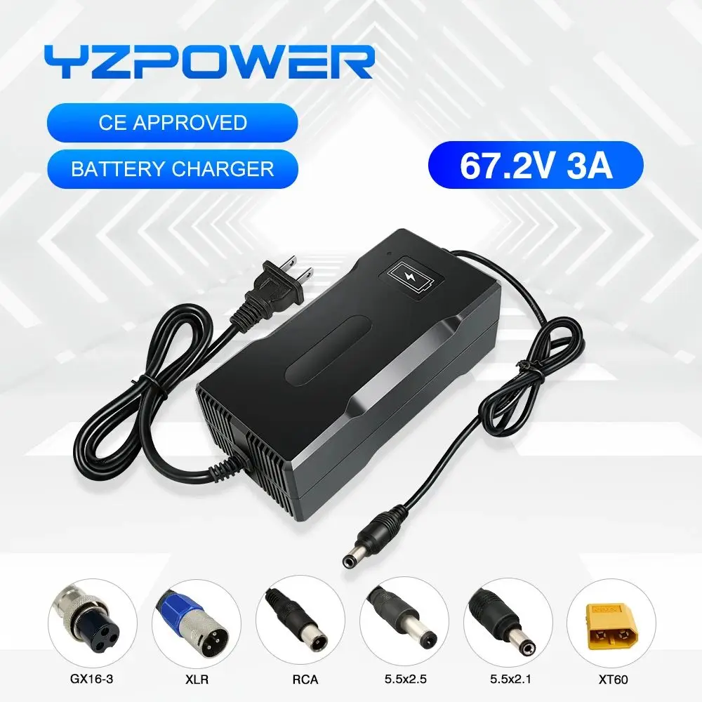 

YZPOWER 67.2V 3A lithium battery charger for 60V 15AH lithium battery pack fast charging input 110-240Vac power adapter with fan