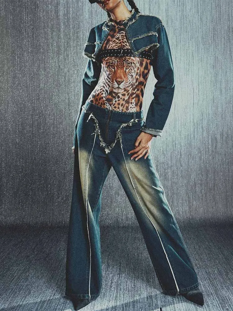 

MCDV Готический джинсовый комплект из двух предметов, женская укороченная куртка на молнии с длинными рукавами и низкой талией, мешковатые брюки, уличный винтажный джинсовый наряд