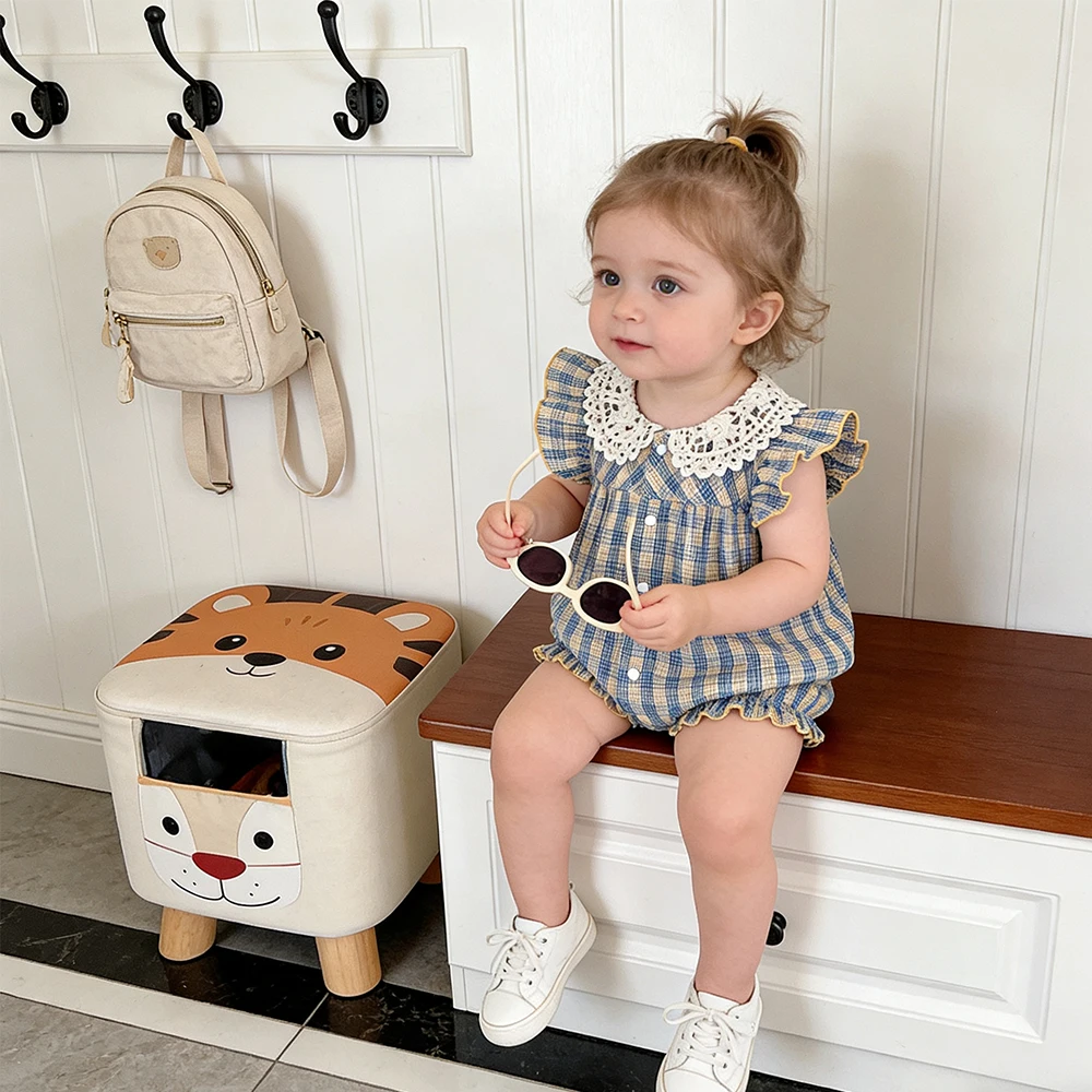 

Summer Collection: Baby Blue and Yellow Color Blocked Grid Lace Collar Bubble Sleeves Sweet and Cute Princess Style Jumpsuit