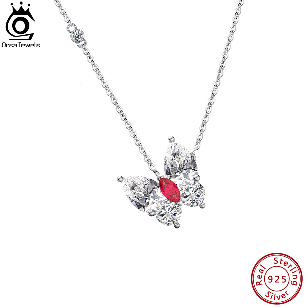 ORSA JEWELS 925 Sterling Silver Brilliant 8A Premium Cubic Zirconia Butterfly Pendant Necklace for Women Wedding Jewelry LZN08