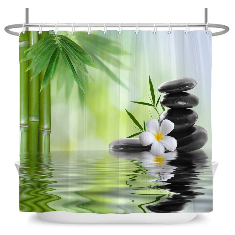 Stones And Lotus in Water Shower Curtain Zen SPA White Waterproof Bathroom Curtain Extra Long Polyester Fabric for Bathtub Decor