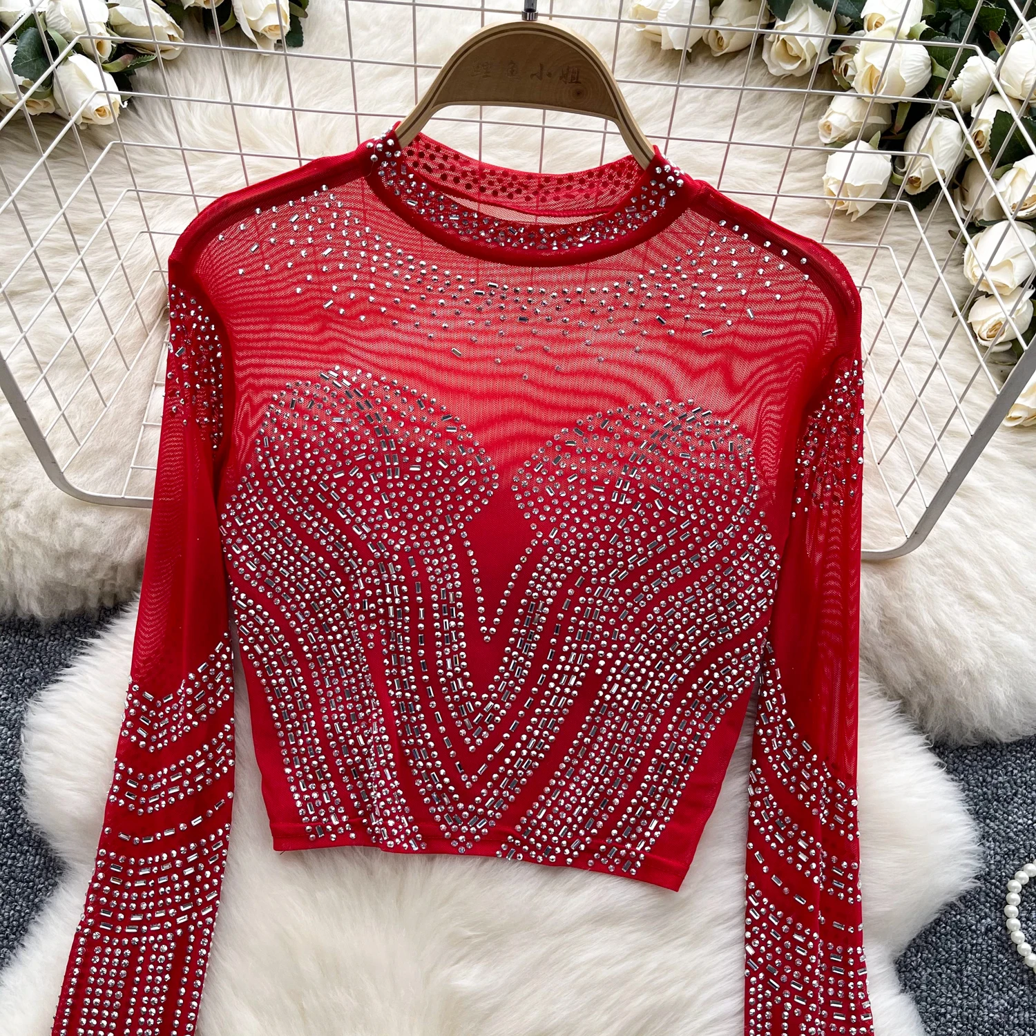 Donne Chic o collo manica lunga garza strass solido sottile Sexy coreano t-shirt moda estate donna Casual