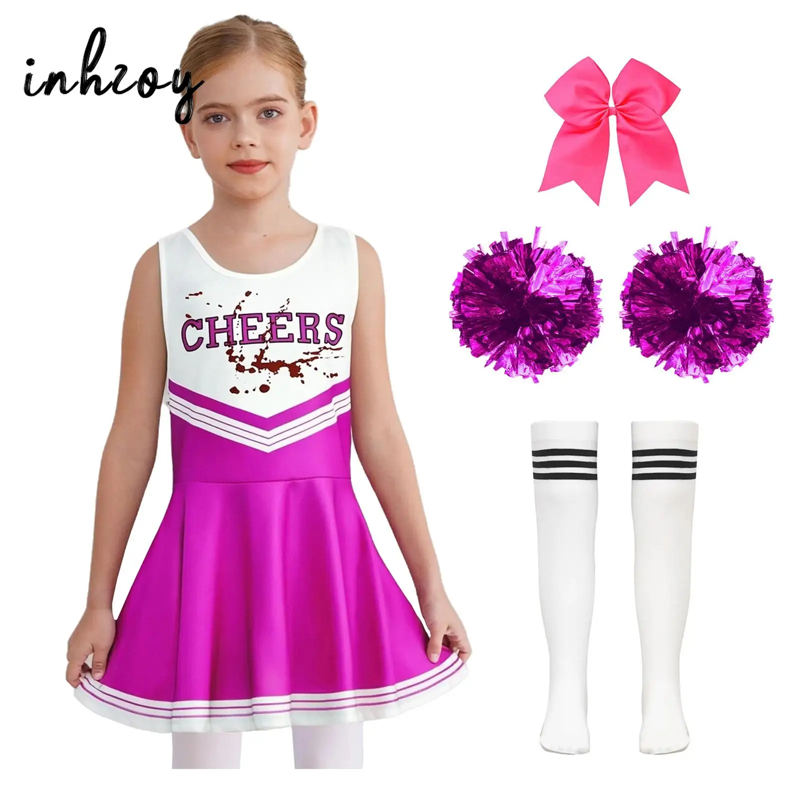 

Детский костюм лидера поддержки для девочек, танцевальная форма, сценическая одежда для поддержки, платье с буквенным принтом, резинка для волос, носки с цветами на руках