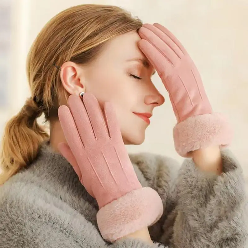 Guantes de esquí con pantalla táctil, guantes de ciclismo con protección contra el frío, guantes térmicos de lana gruesa de cuero PU para actividades al aire libre femeninas