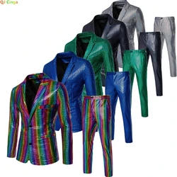 2026 Rainbow Color Men's Striped Suit Two-Piece, Fashion Suit Jacket and Pants, Green Silver Sets (Light Thin Stretch Fabrics)