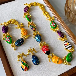 Retro Style Colorful Insect Necklace Medieval Exaggerated Bracelet and Earrings