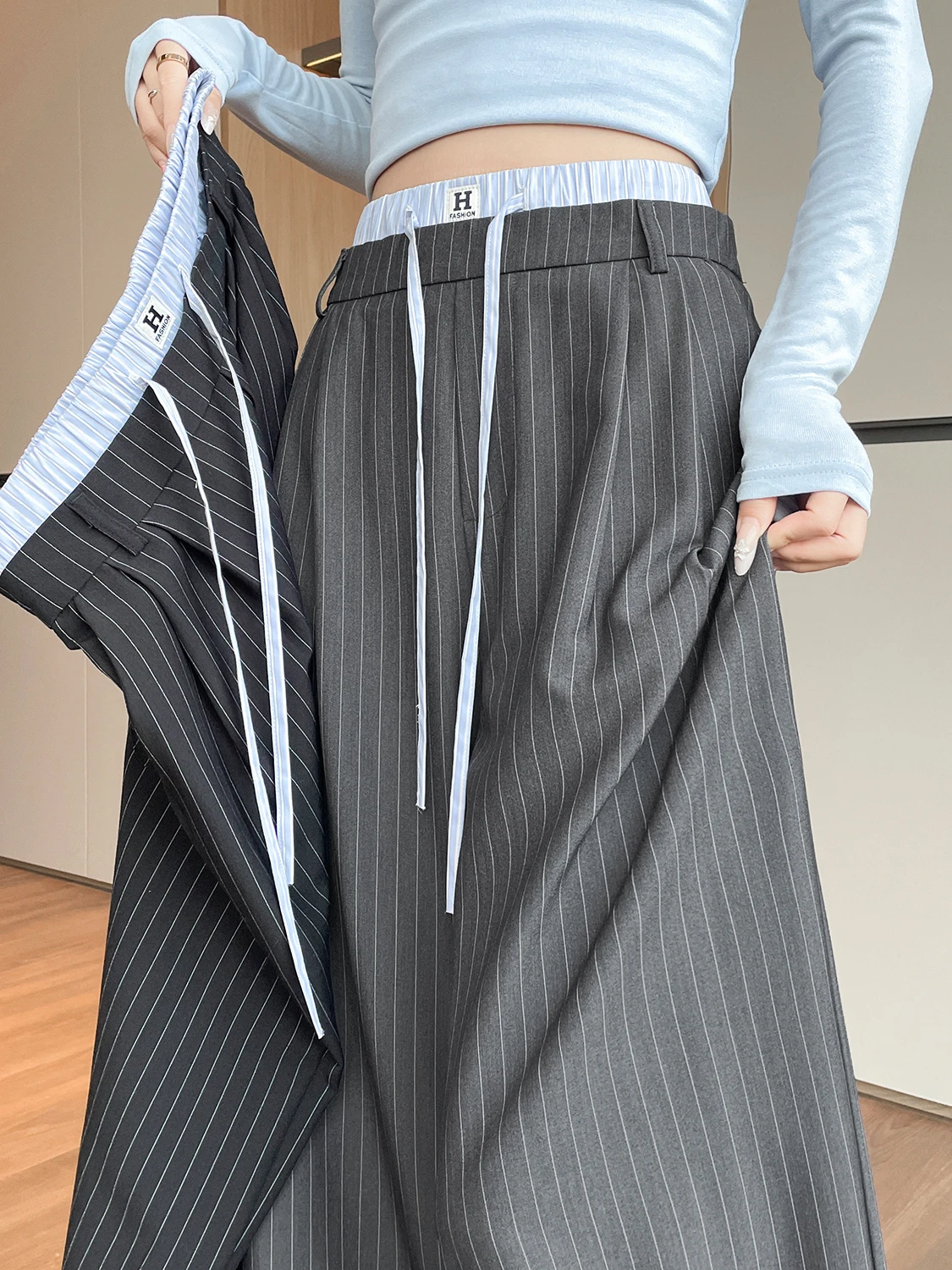 

Женские брюки с двойной талией и полосками в американском стиле, весенне-осенние, модные, универсальные, с эластичным поясом, прямые, облегающие F...