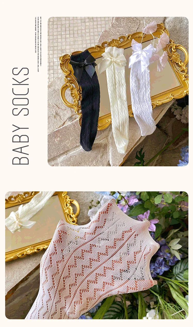 Süße Studenten-Lange Kawaii Socken Baby Kinder Geometrische Wellenförmige Overknee-Socken Prinzessin Lolita Mädchen Schleife Hohle Netzstrümpfe – Detail 6