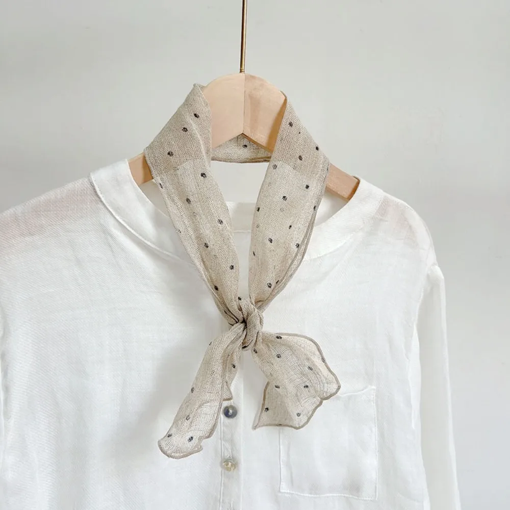 

Summer Navy Blue Polka Dot Small Neck Tie Linen Printing Women's Long Scarf 10*103cm Striped Small Silk Scarf Neck Protection