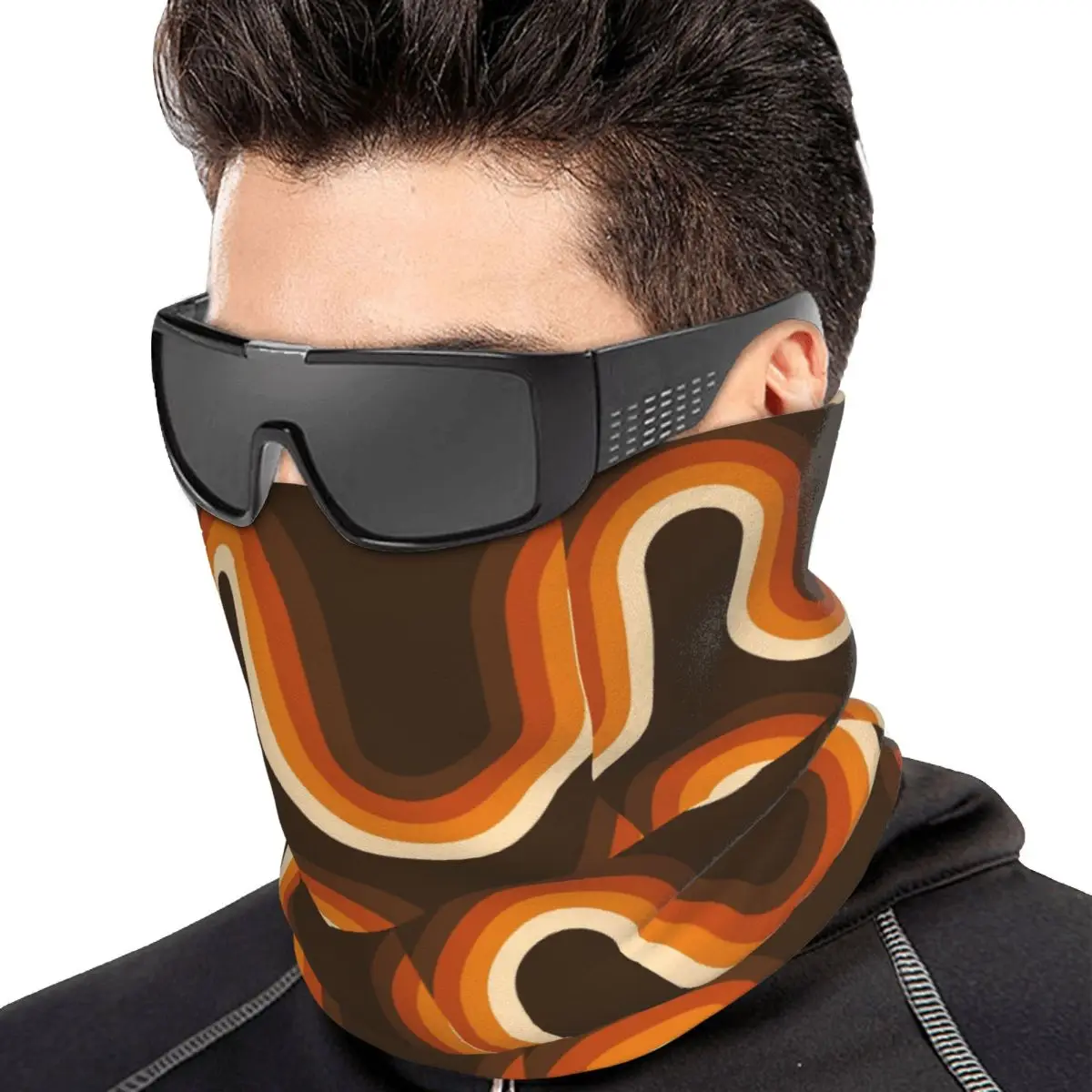 70s Pattern Orange And Brown Waves Multifunctional Elastic Neck Gaiter Dust Proof Face Cover Bandana Unisex for Cycling Fishing