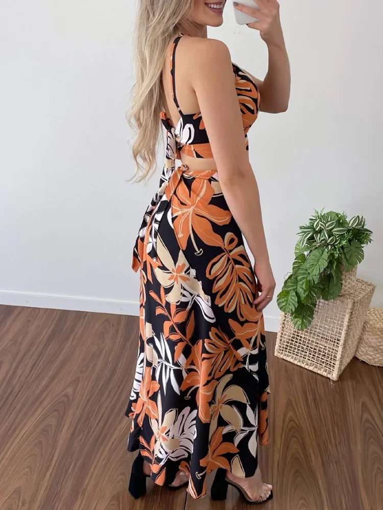 Tropical Print Spaghetti Strap Cami Tops & Maxi Skirts Set Summer Casual Women Two Piece Set