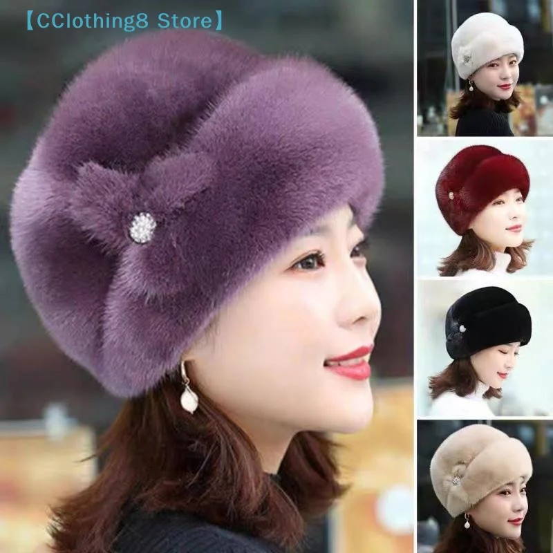 Woman Faux Fur Winter Hat Thickened Keep Warm Middle-aged Cap Flower Decor Bucket Hats Cap【AliS8】