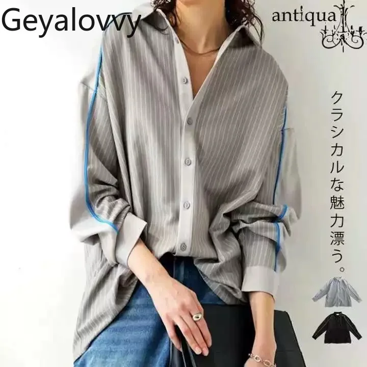 

Spring Autumn New Japanese Style Striped Color Block Loose Casual Long Sleeve Shirt Sweet Girls Versatile Single-Breasted Top