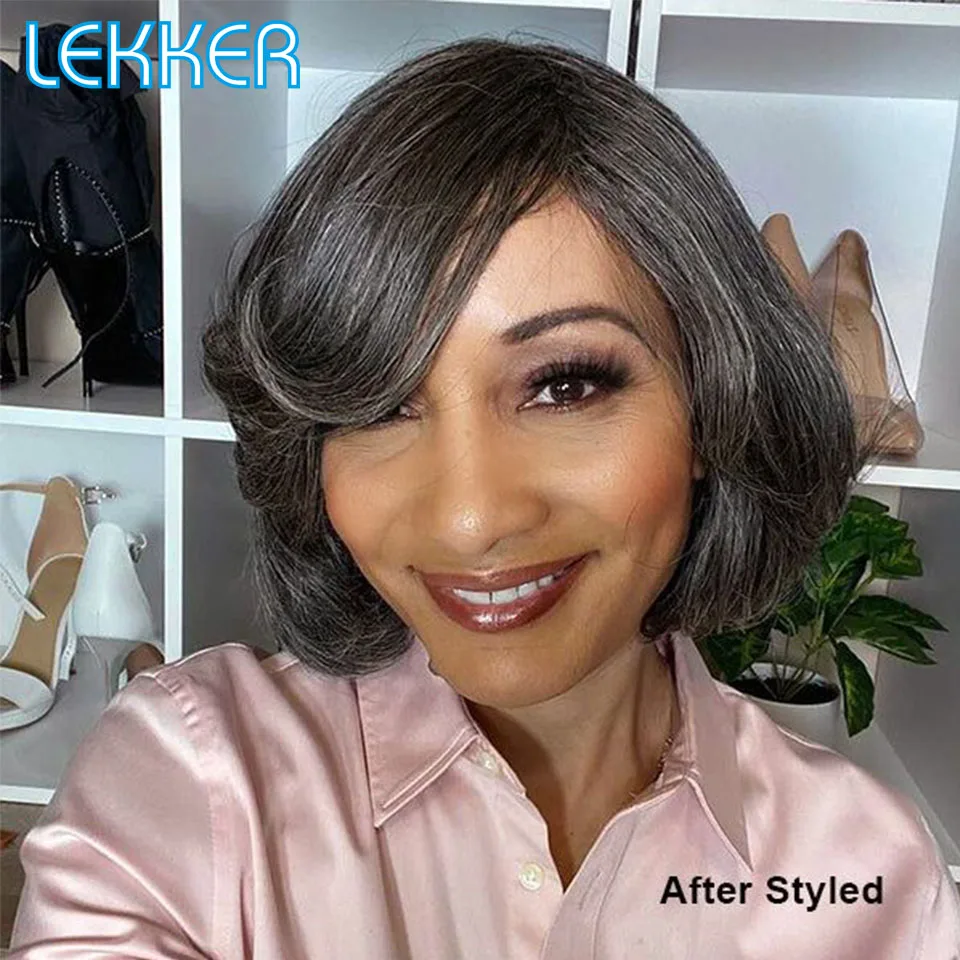 Lekker Grey Short Bob Human Hair Wig For Women Brazilian Remy Hair Ombre Gray Silver Wavy Hair Wig With Bangs Pixie Part Wig