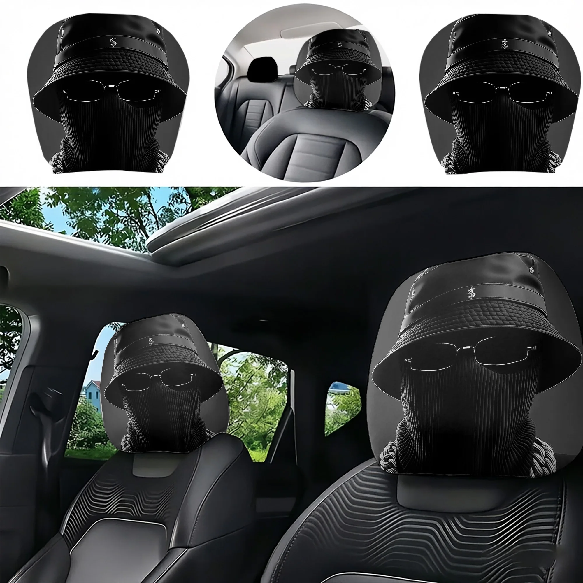 2pcs set of stylish street-style car headrest covers featuring masked figures, creating a cool urban vibe. Does not include stuf