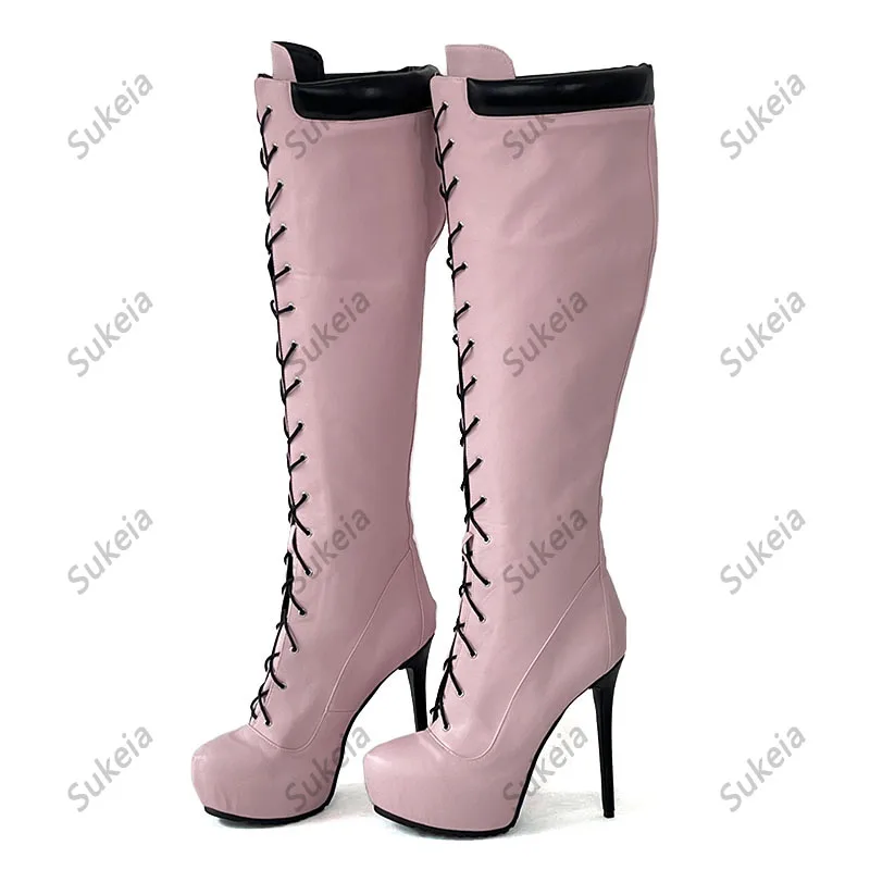 Sukeia New Women Winter Over Knee Boots Hidden Platform Stiletto Heels Round Toe Beautiful Pink Party Shoes Ladies US Size 5-20