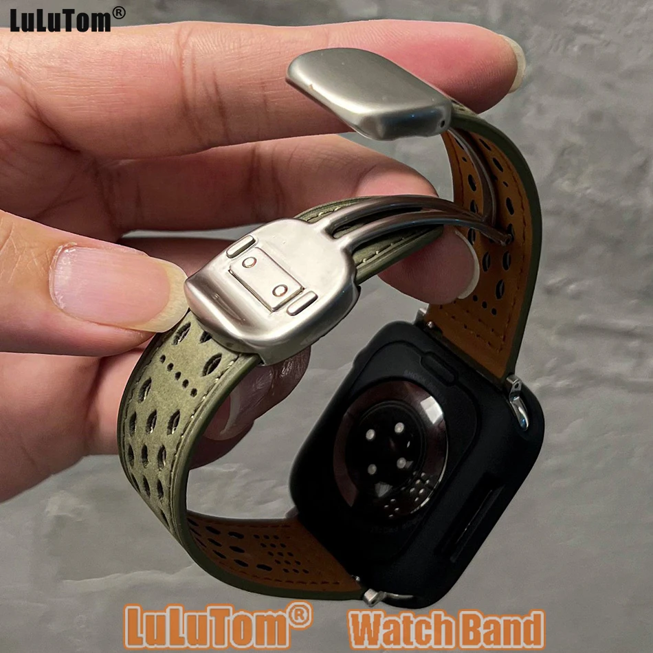 

Ремешок из кожи Crazy Horse для Apple Watch Series 11, 10, 9, 8, 7, 6, 5, 4, SE, Ultra, iWatch 49/46/45/44/42/41/40/38 мм с магнитной застежкой