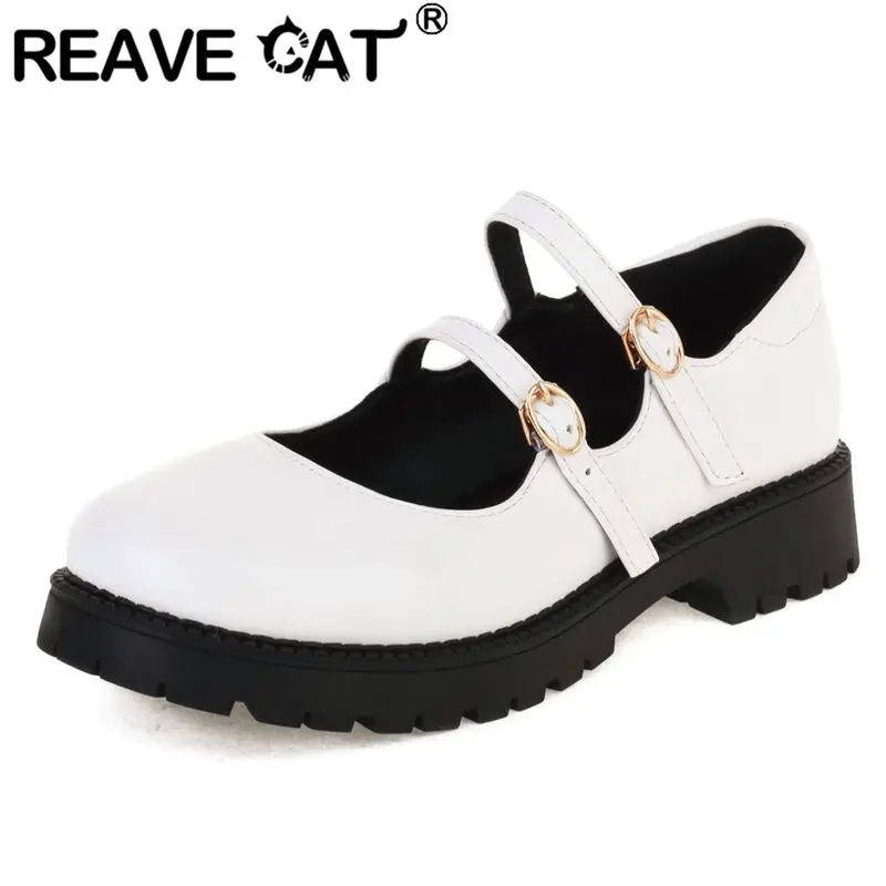 

REAVE CAT 2025 Туфли-лодочки для девочек в британском стиле с круглым носком на толстом каблуке 3 см с двойной пряжкой и ремешком Студенческая мягкая винтажная повседневная обувь 41 42