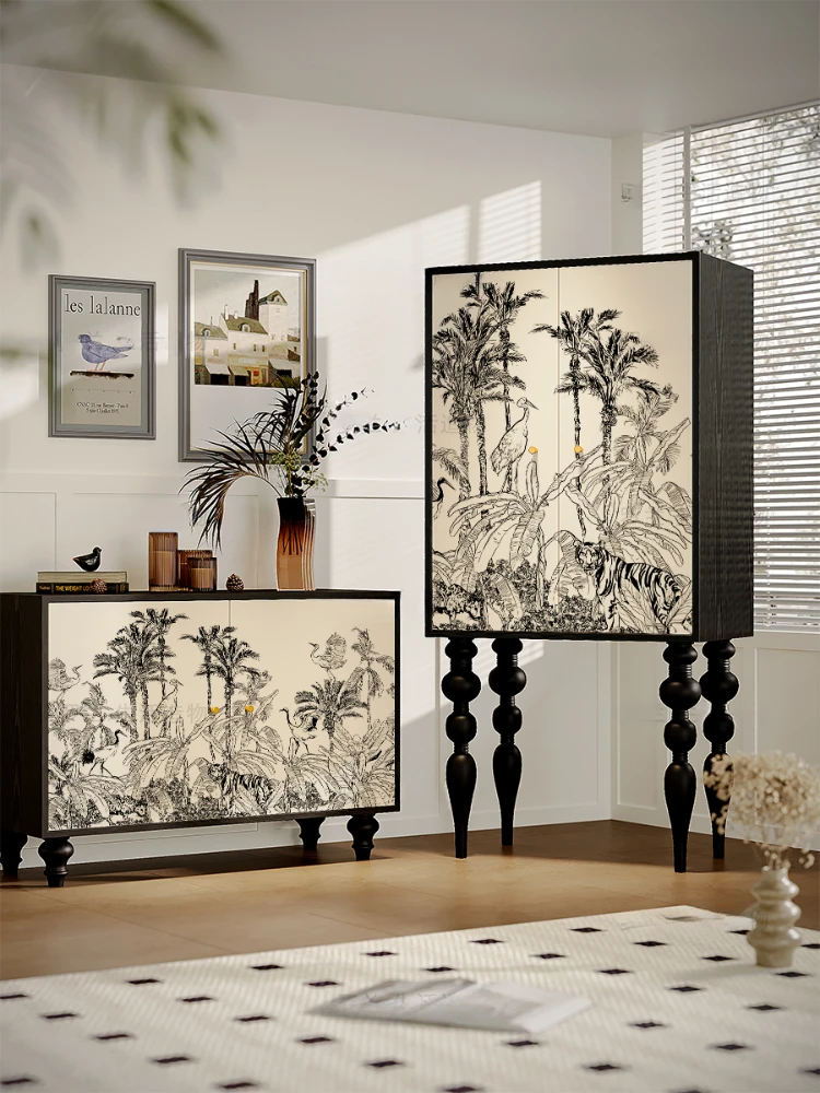 French Nanyang Jungle Household High Foot Cabinet Bedroom Double-Door Solid Wood Retro Living Room Storage Cabinet